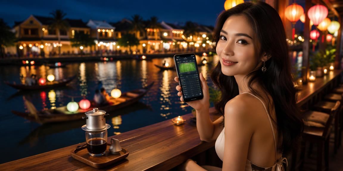 Người dùng Hội An ngồi uống cà phê và xem kèo thể thao trực tuyến trên điện thoại